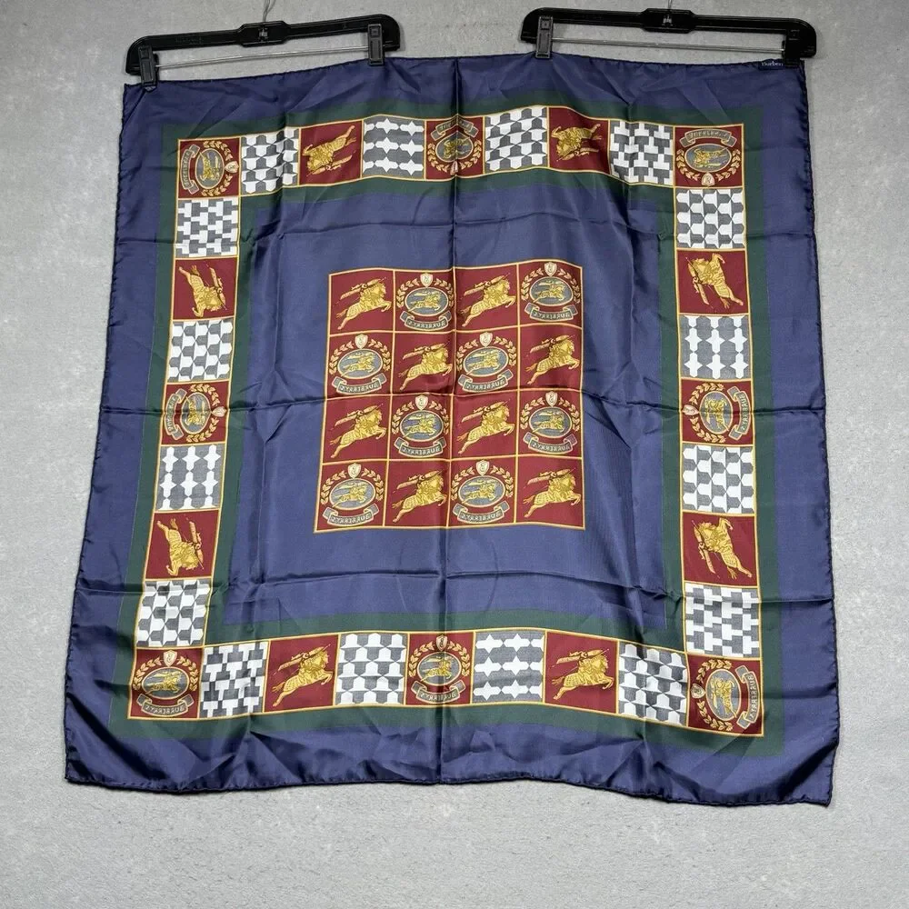 Vintage 80s 90s Burberrys Silk Twill Square Scarf Blue Red Equestrian Logo Italy